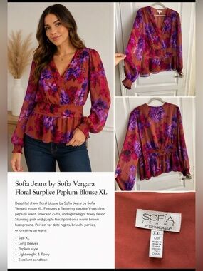 Sofia Jeans by Sofia Vergara Floral Surplice Peplum Blouse XL